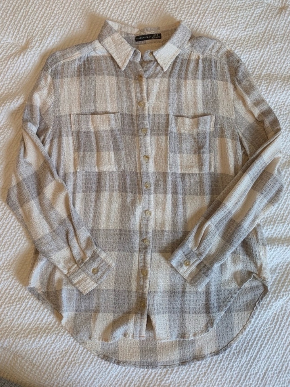 Black Tape_ Women's Plaid Button-Down Shirt in Cream and Tan